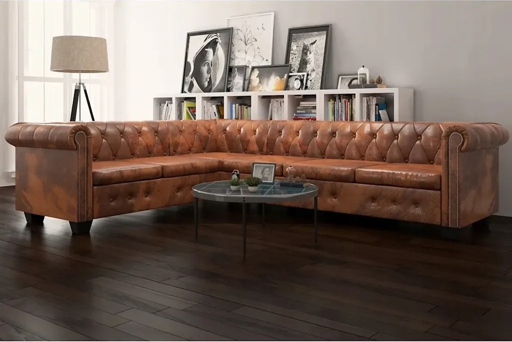 vidaXL Rohová pohovka Chesterfield, 6-miestna, umelá koža, hnedá