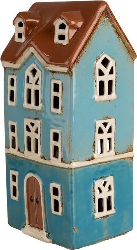 Modrý keramický svietnik na čajovú sviečku domček Amster Village - 11*9*22 cm
