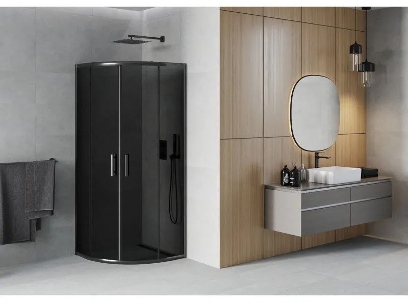 Mexen Rio, štvrťkruhový sprchovací kút s posuvnými dverami 90(dvere) x 90(dvere) x 190 cm, 6mm šedé sklo, čierny profil, 863-090-090-70-40
