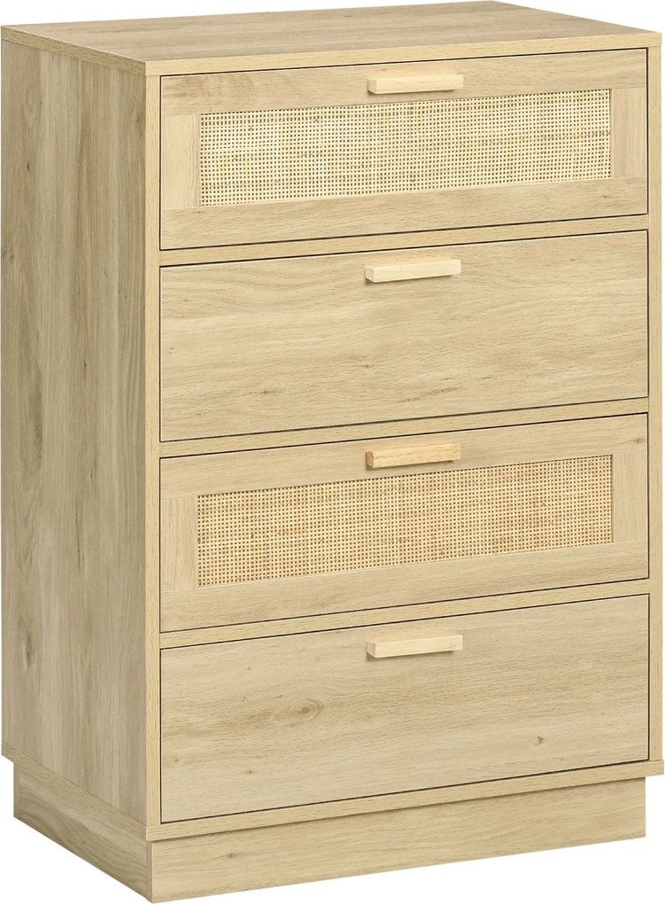 Nočný stolík HOMCOM s ratanovými zásuvkami, bohémsky štýl, komoda do spálne s protišmykovým systémom 60x38x88,5 cm Prírodná | Aosom