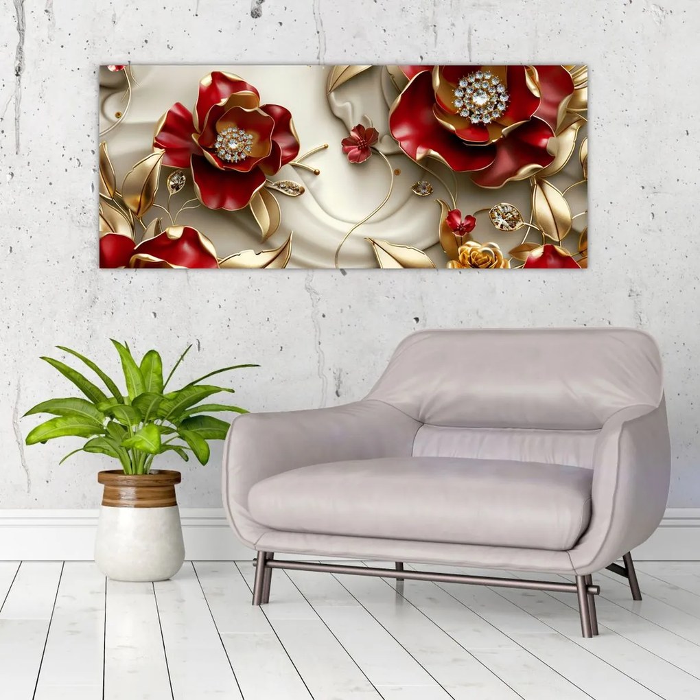 Obraz - 3D Červeno-zlaté kvety (120x50 cm)