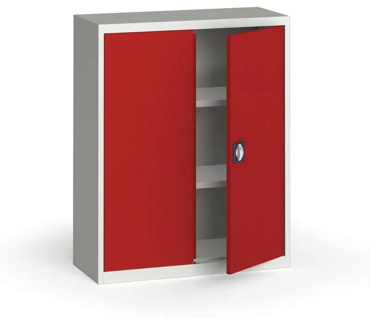 Plechová policová skriňa na náradie KOVONA, 1150 x 950 x 400 mm, 2 police, sivá/červená