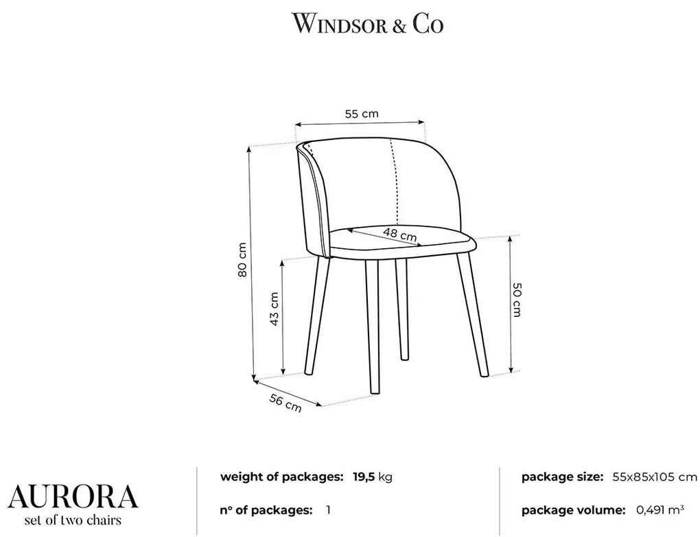 Šedá Zamatová stolička Aurora dĺžka 55 × šírka 56 × výška 80 cm WINDSOR & CO