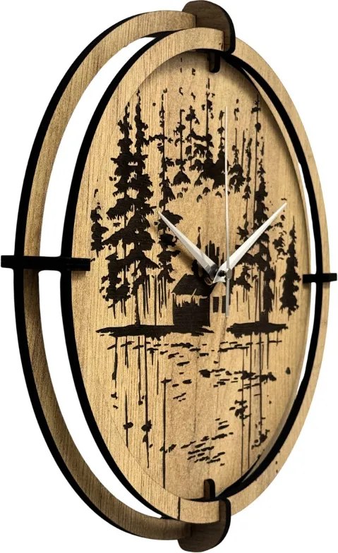 Drevené nástenné hodiny Lesná chatka pri jazere | SENTOP HDF0585-GOLD-OAK