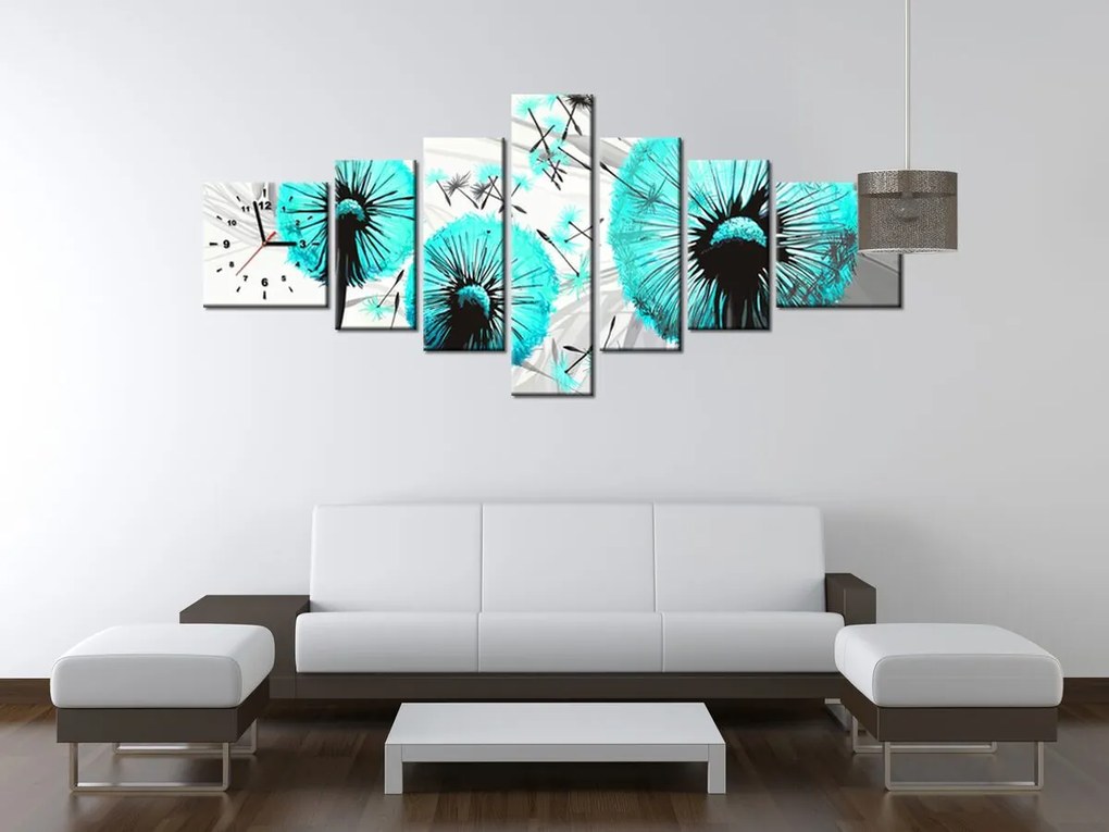 Gario Obraz s hodinami Krásne tyrkysové púpavy - 7 dielny Rozmery: 210 x 100 cm