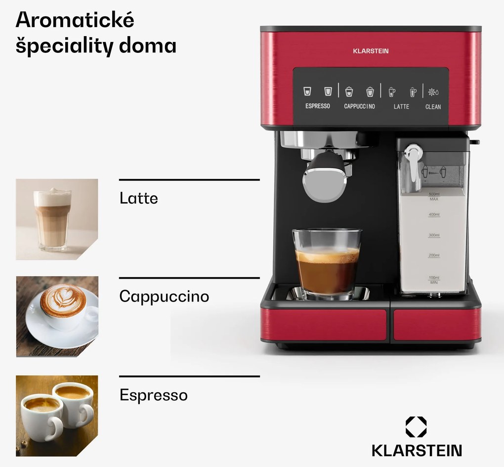 Klarstein 1,8 l kávovar s napeňovačom mlieka, 20 barový pákový kávovar, malý kávovar na mletú kávu s výkonom 1350 W, baristický kávovar na ľadovú kávu cappuccino latte espresso