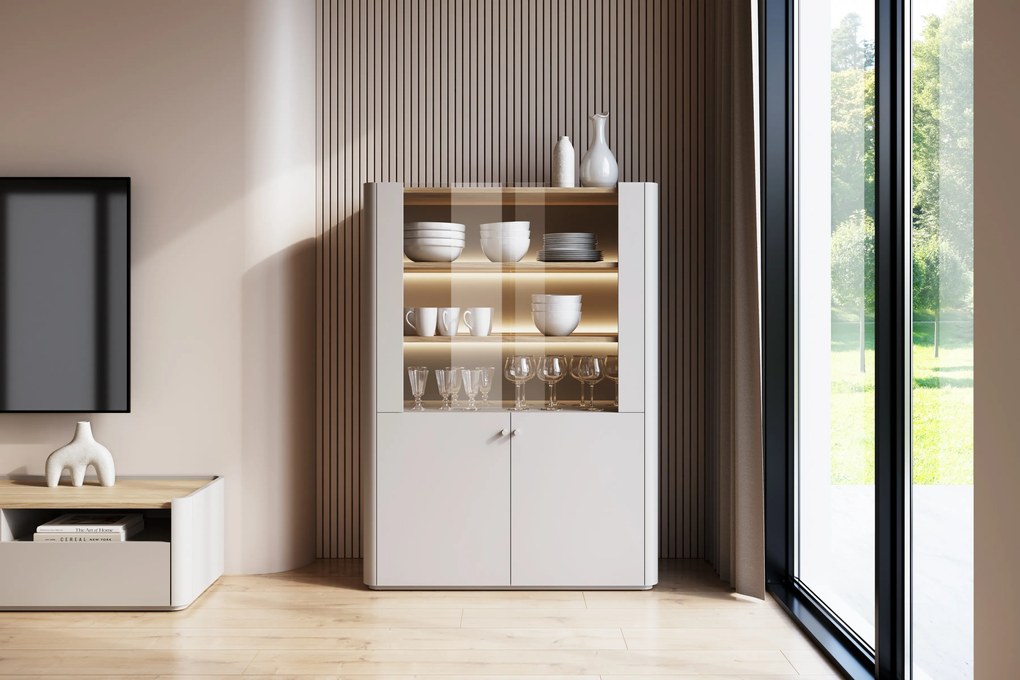 Vitrína Elivo 100 cm dvojdverová - kašmír / olejovaný dub