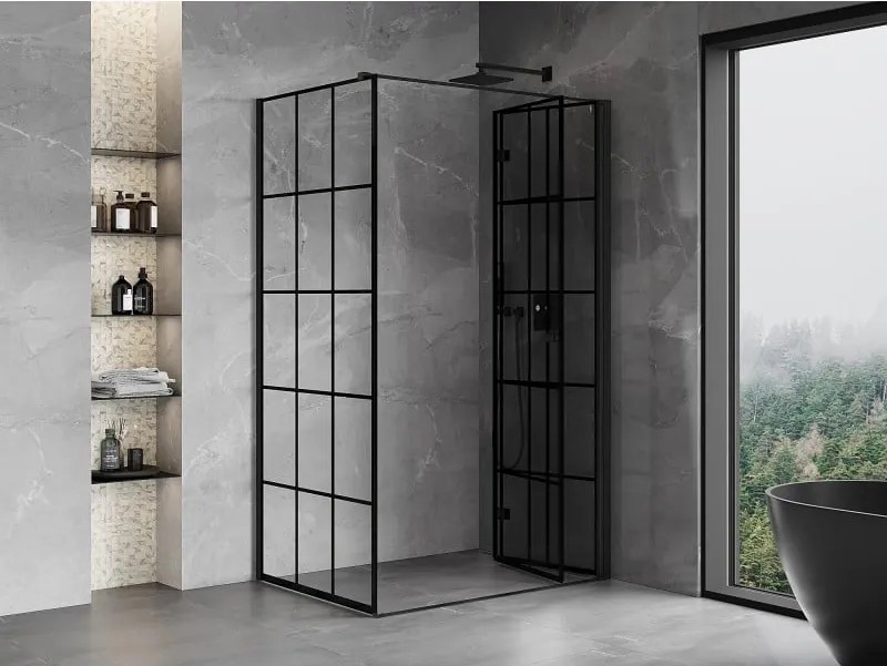 Mexen Mist-F T, 1-krídlový skladací sprchový kút pravý 70 x 80 cm, číre sklo-čierna mriežka, 8A6T-070-080-70-77-P