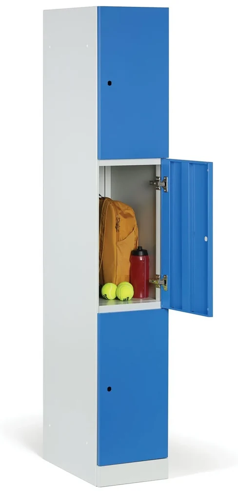 Šatníková skrinka s úložnými boxmi, 3 boxy, 1850 x 300 x 500 mm, kódový zámok, modré dvere
