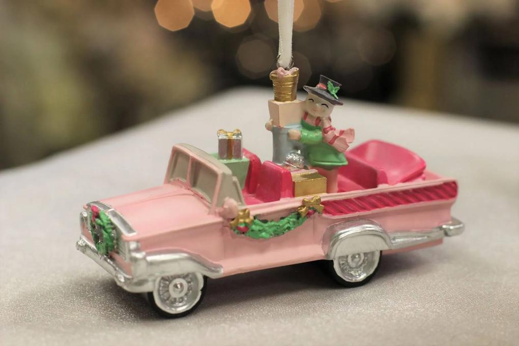 Pastelovo ružová závesná vianočná ozdoba auto 11cm