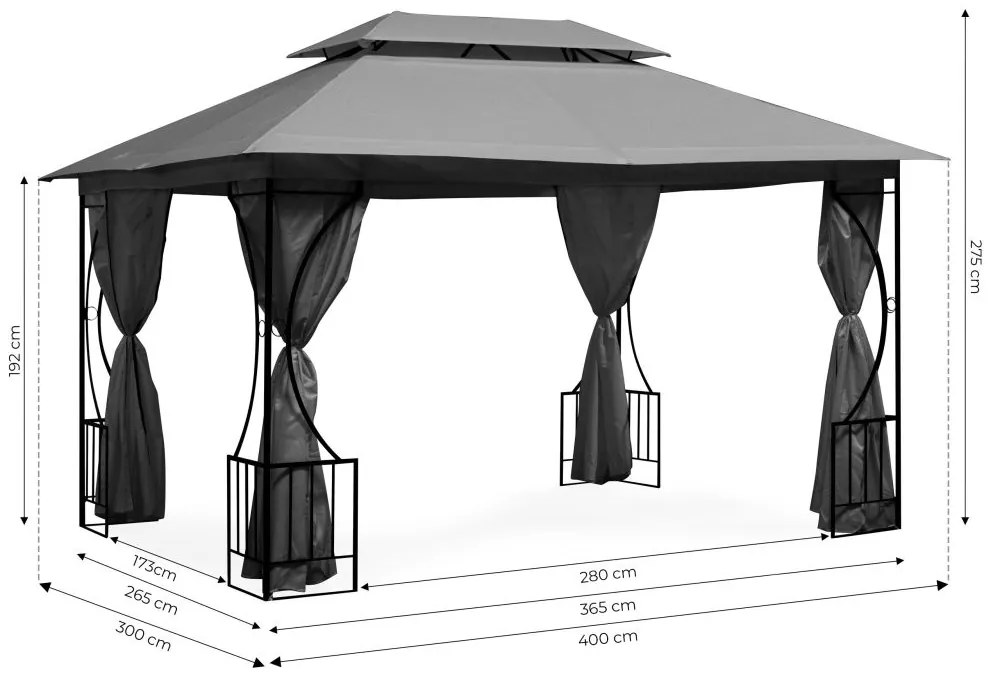 Záhradný stan 3 x 4 m s moskytiérou v sivej farbe