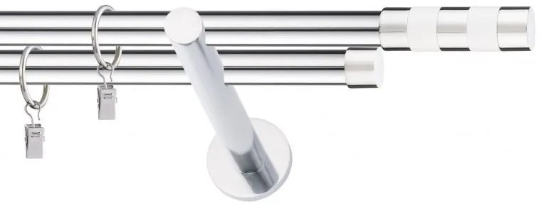 Dekorstudio Chrómová dvojradová garniža biely VALEC 19mm Dĺžka: 180cm, Typ uchytenia: Držiak dvojitý modern, Typ príslušenstva: Krúžky tiché so štipcami