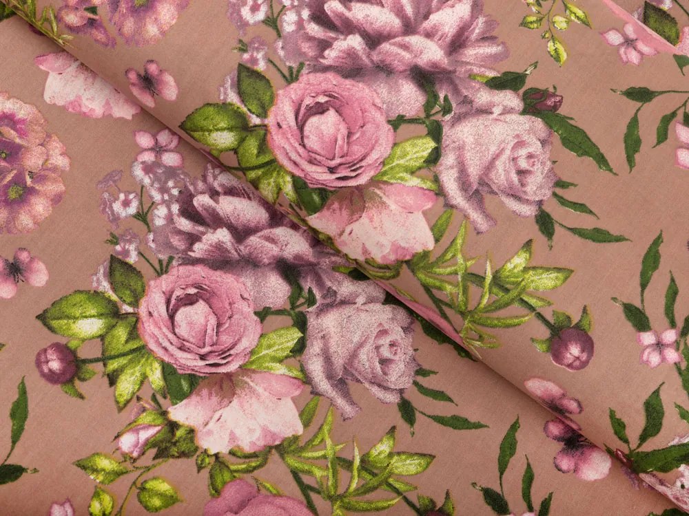 Biante Bavlnená obliečka na vankúš s lemom Sandra SA-554 Ruže a hortenzie na hnedom 50 x 50 cm