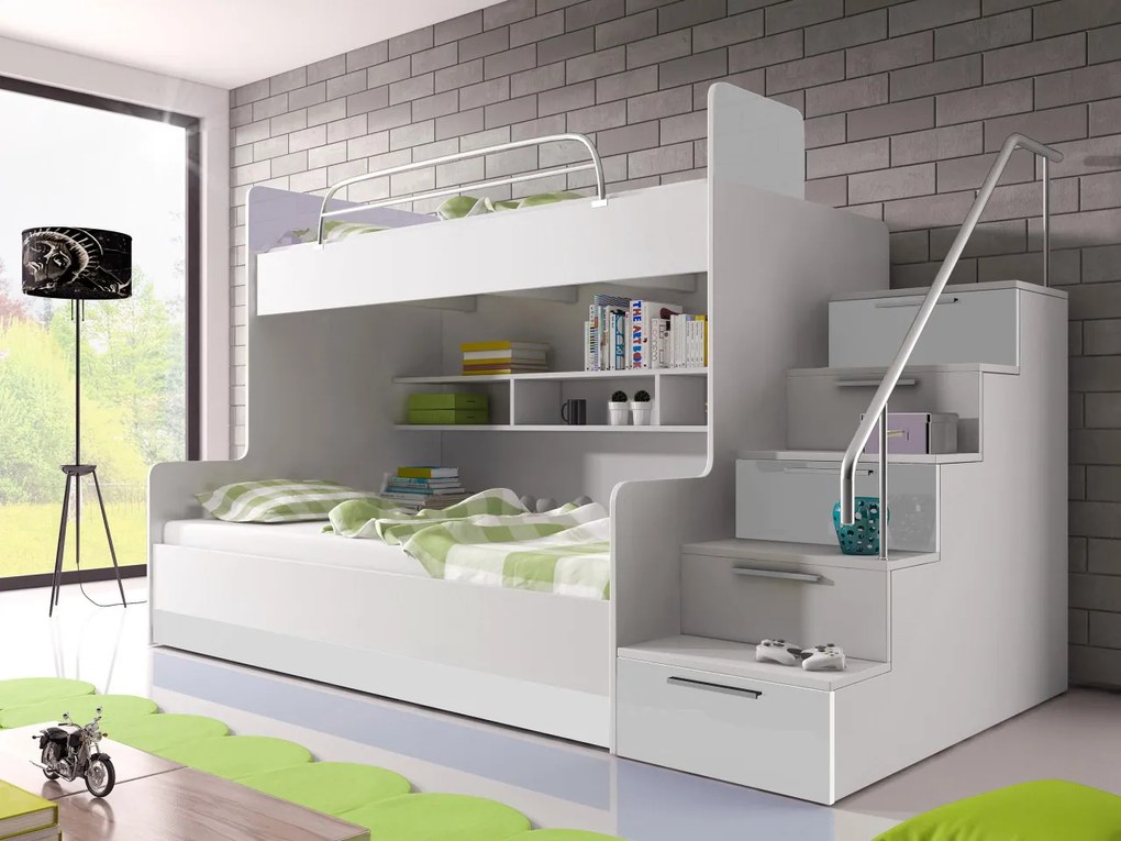 Poschodová posteľ Paradise II, Farby: biela / biely lesk + ružový lesk, Strana: ľavá