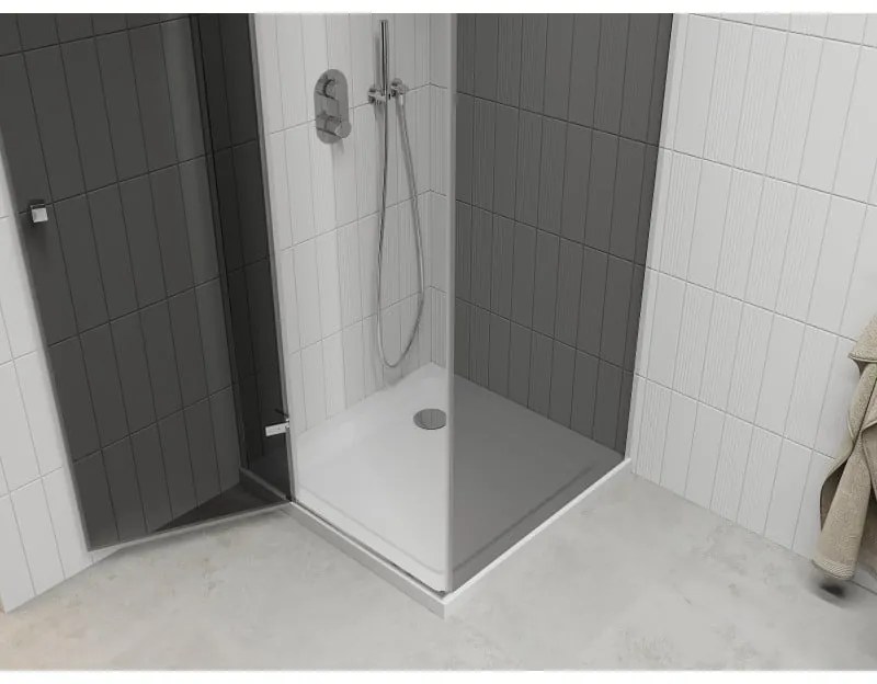 Mexen Roma, sprchový kút s krídlovými dverami 80 (dvere) x 80 (stena) cm, 6mm šedé sklo, chrómový profil + slim sprchová vanička biela + chrómový sifón, 854-080-080-01-40-4010
