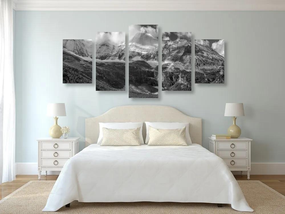 5-dielny obraz majestátna horská krajina v čiernobielom prevedení - 200x100