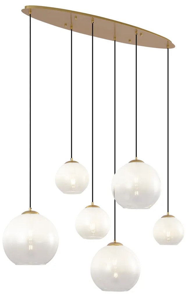 Hotelová elegantná závesná lampa mosadzná s bielym sklom obdĺžniková 6-svetelná - Misty
