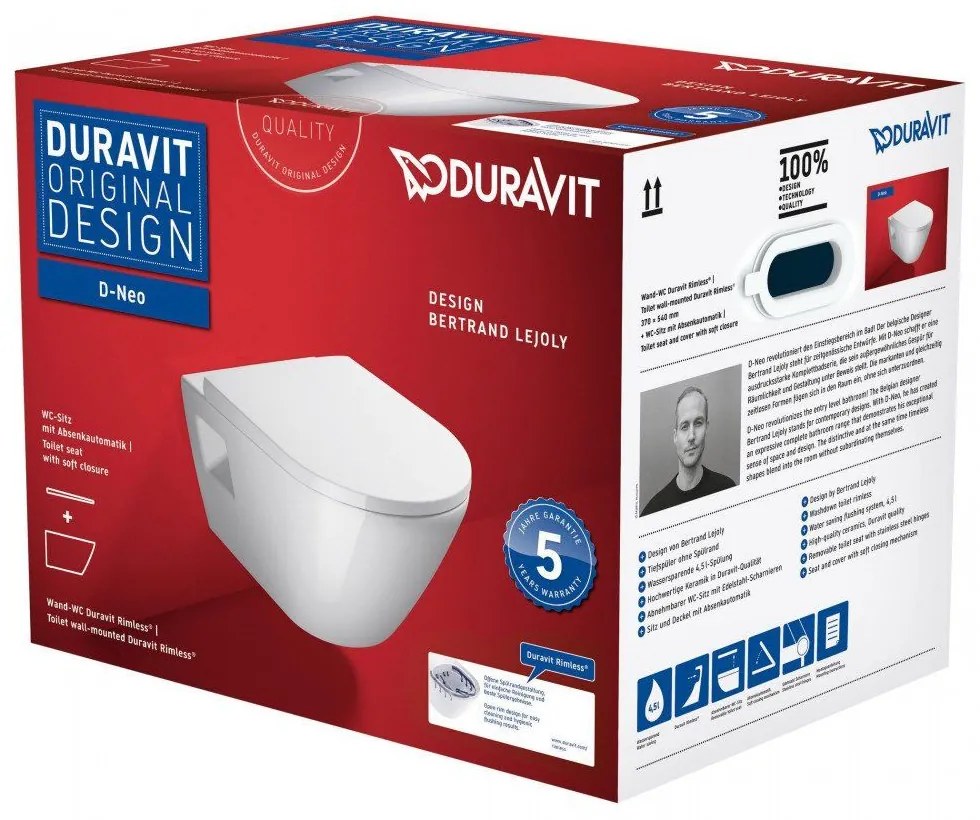 DURAVIT D-Neo závesné WC Rimless s hlbokým splachovaním, 370 x 540 mm, biela + sedátko so sklápacou automatikou (SoftClose), 45780900A1