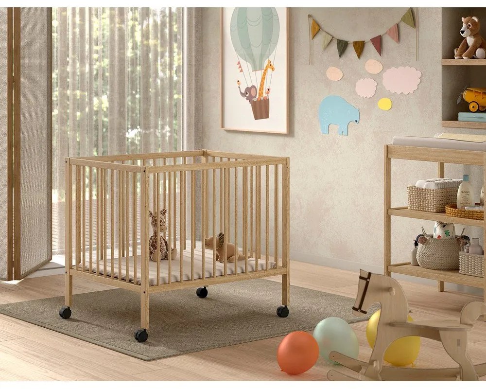 Detská ohrádka z bukového dreva s nastaviteľnou výškou/na kolieskach 95x75 cm v prírodnej farbe Dino – Vipack