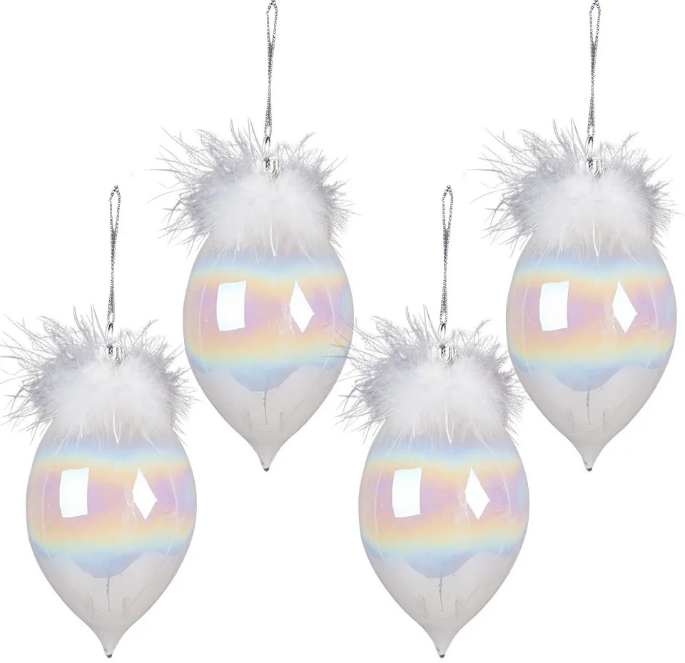 4ks perleťová vianočná ozdoba šiška s pierkami - Ø 8*16 cm