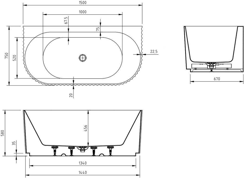 Mexen Sella, voľne stojaca vaňa ku stene, drážkovaná, 150 x 75 cm, čierna matná, 52711507571-SS