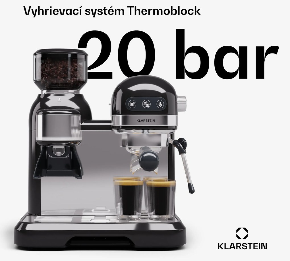Klarstein Bella Café, espresso kávovar, vrátane mlynčeka, 1550 W, 20 bar, 1,4 litra