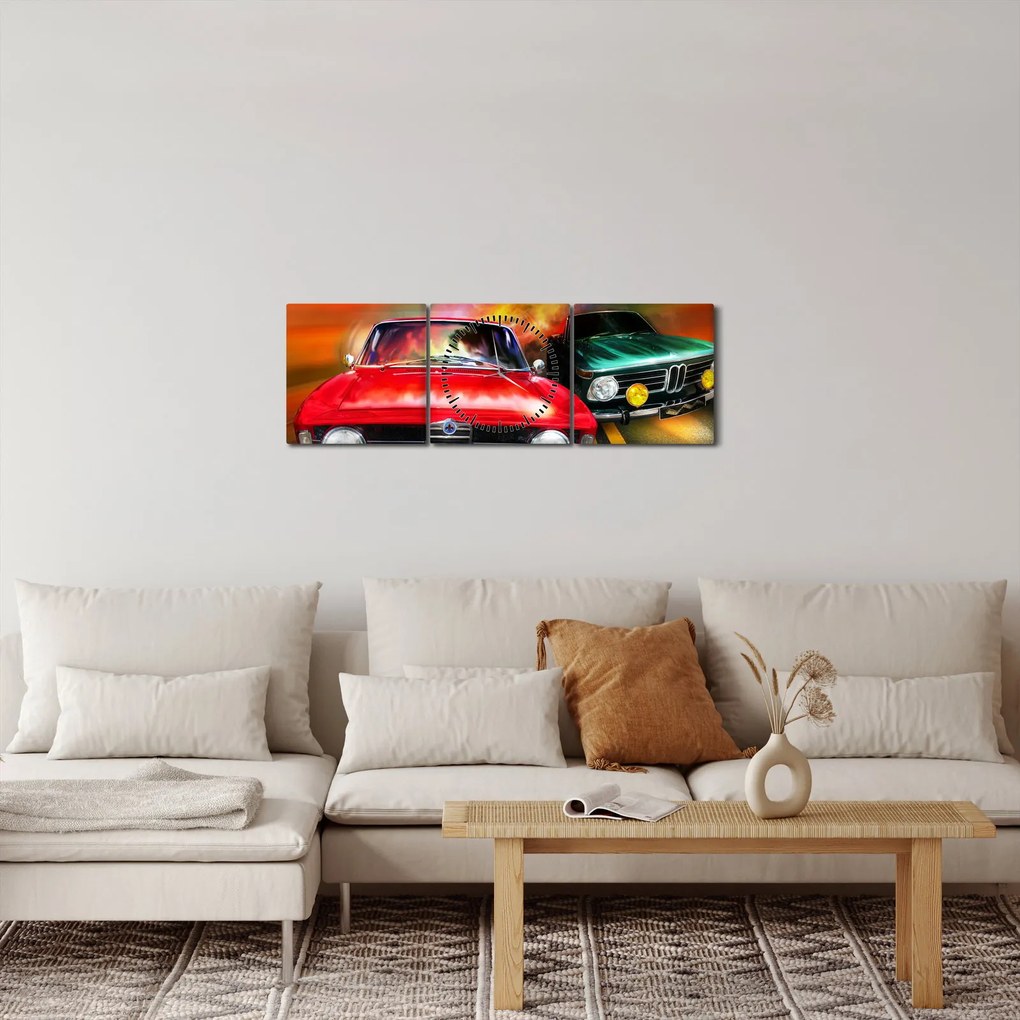Obraz - Retro závodné autá (s hodinami) (90x30 cm)