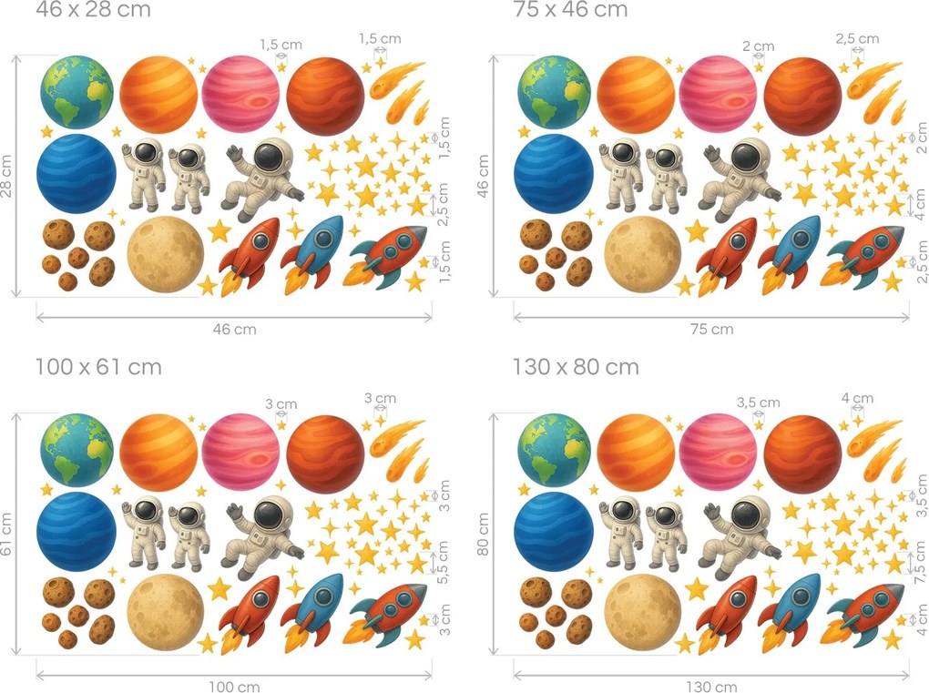 Kozmonauti planéty a rakety textilné prelepiteľné nálepky na stenu arch 46 x 28 cm