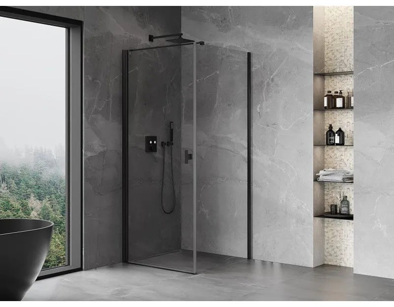 Mexen Mist-B, 1-krídlový výklopný sprchový kút 95 x 95 cm, číre sklo, čierny profil, 8A2T-095-095-70-00