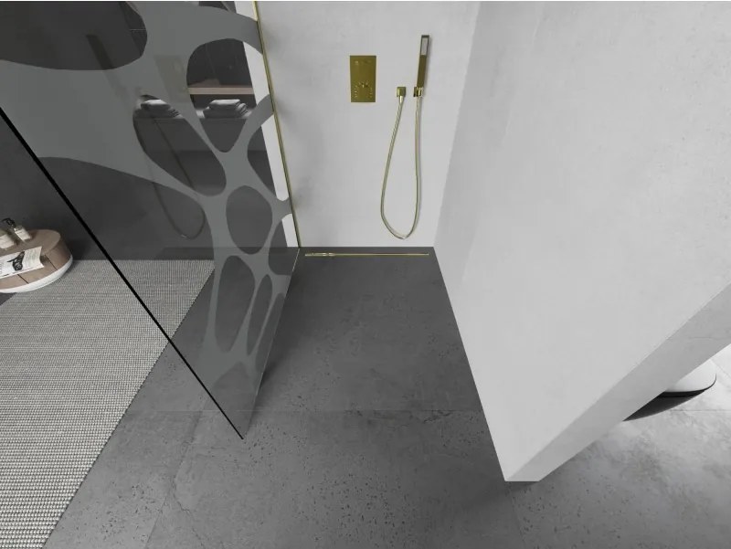 Mexen Kioto L, sprchová zástena Walk-In 120 x 200 cm, 8mm číre sklo biely vzor, zlatý lesklý profil,800-120-103-50-97