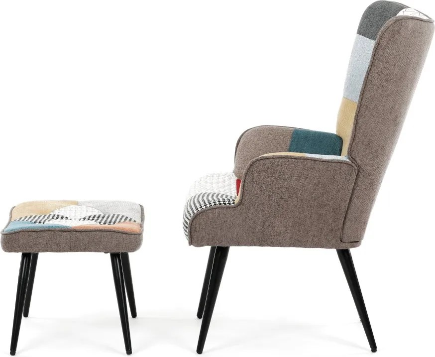 Relaxačné kreslo ušiak s taburetom ROYAL II — kov, látka, patchwork