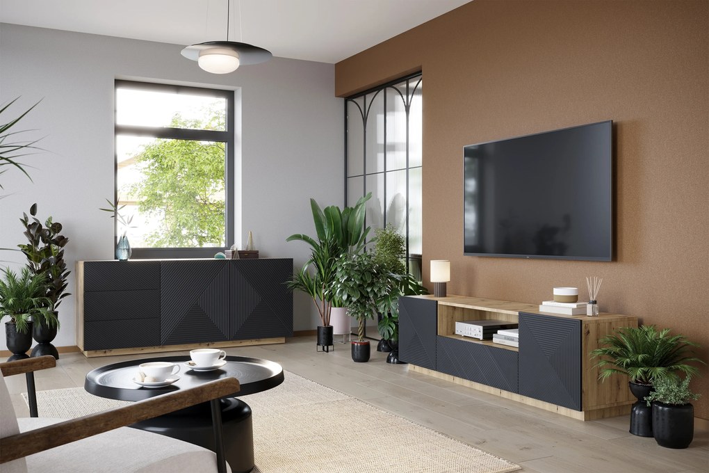 Dvojdverová komoda Asha 167 cm so zásuvkami - dub artisan / matný rivier stone