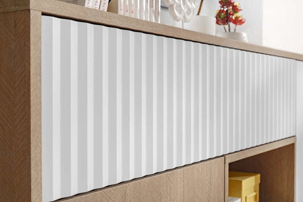 TV stolík Bliwon 148 cm so zásuvkami - jodeľka scandi / biely mat