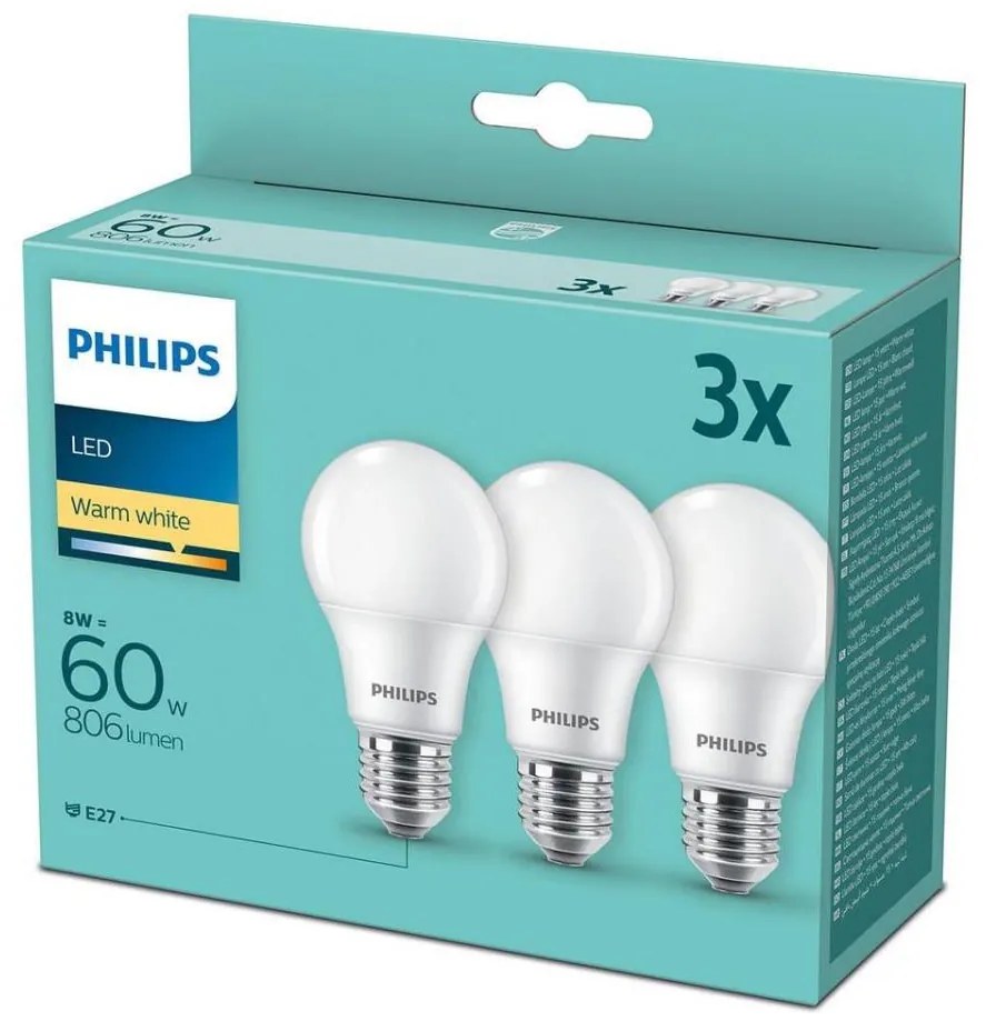 SADA 3x LED Žiarovka Philips A60 E27/8W/230V 2700K