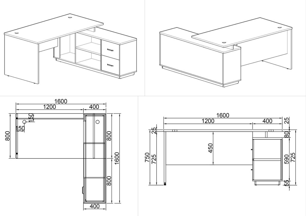 Kancelársky stôl so skrinkou MIRELLI 1600 x 1600 mm, pravý, biely/dub sonoma