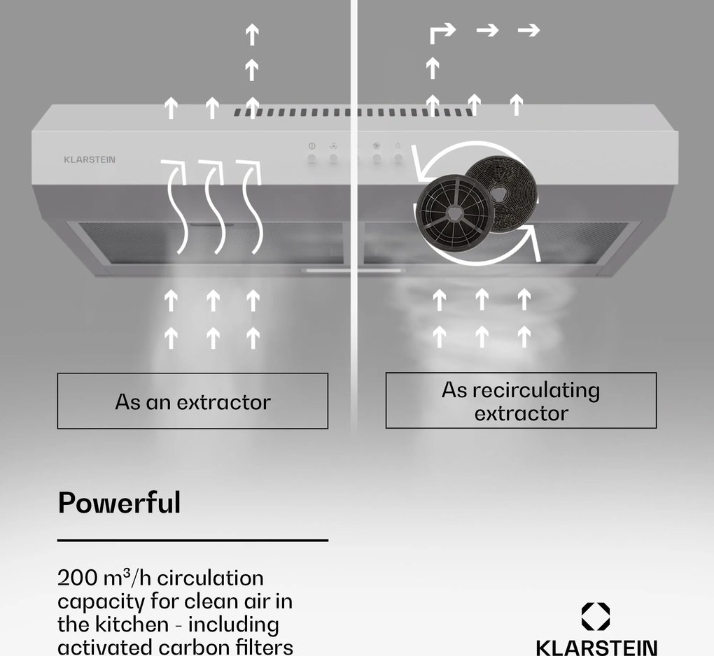 Klarstein Contempo 60, digestor, 60 cm, podskrinkový, 200 m³/h, LED, akryl, nehrdzavejúca oceľ