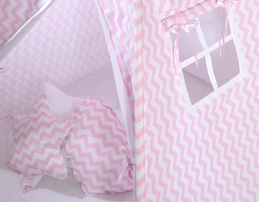 Bobono Stan Teepee pre deti + podložka na hranie + dekoratívne pierka - Chevron pink