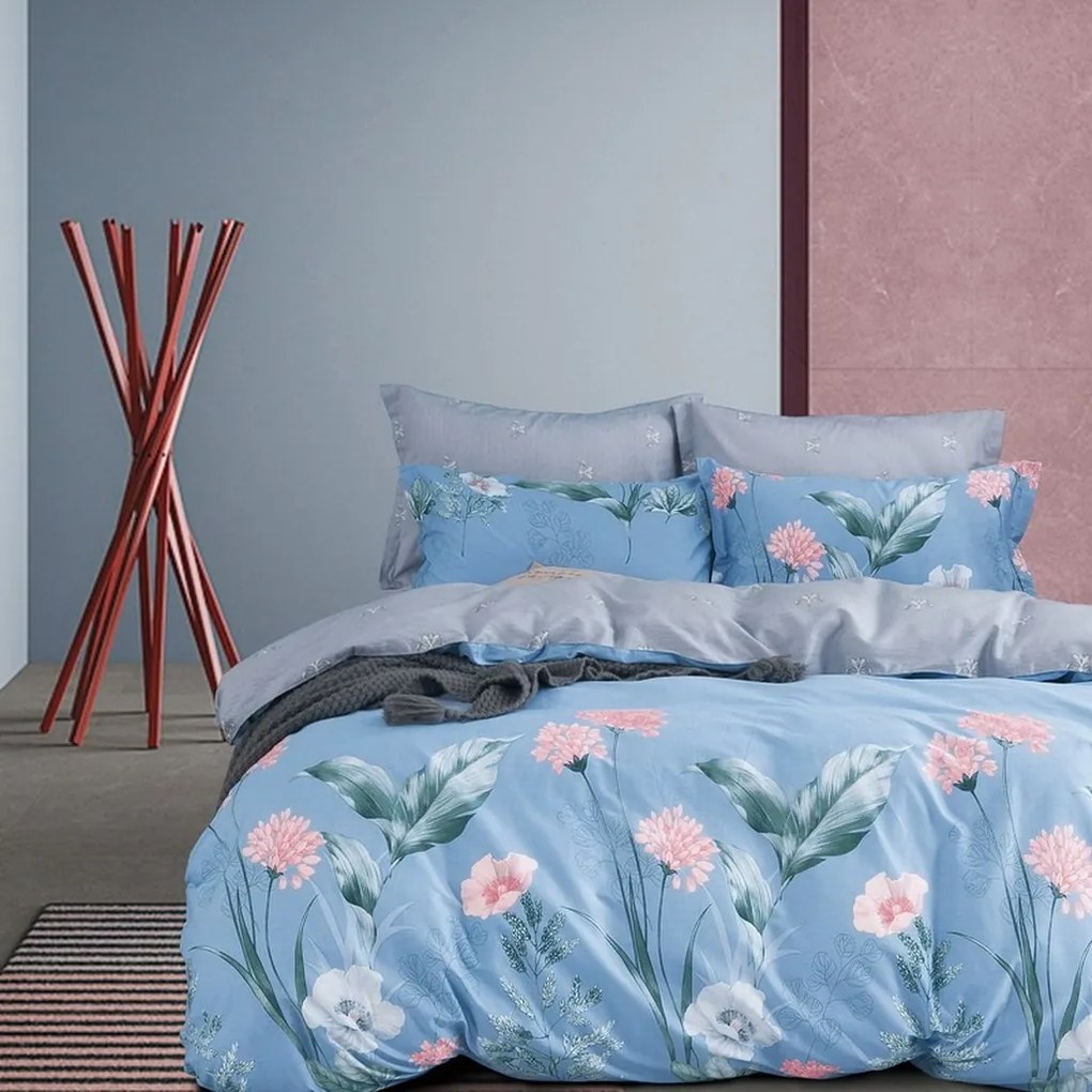 DomTextilu Obojstranné posteľné obliečky v modrej farbe s kvetmi 3 časti: 1ks 160 cmx200 + 2ks 70 cmx80 Modrá 38691-181827