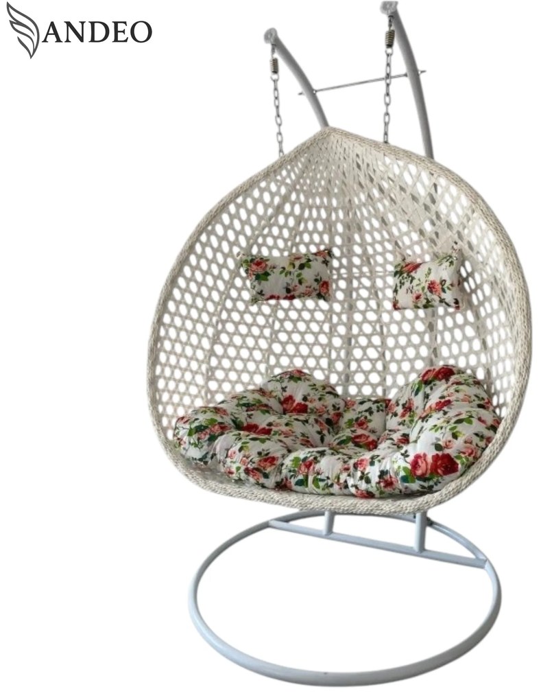 Závesné hojdacie dvojkreslo FIORI EXTRA nosnosť 250kg - biele s kvetovanými vankúšmi