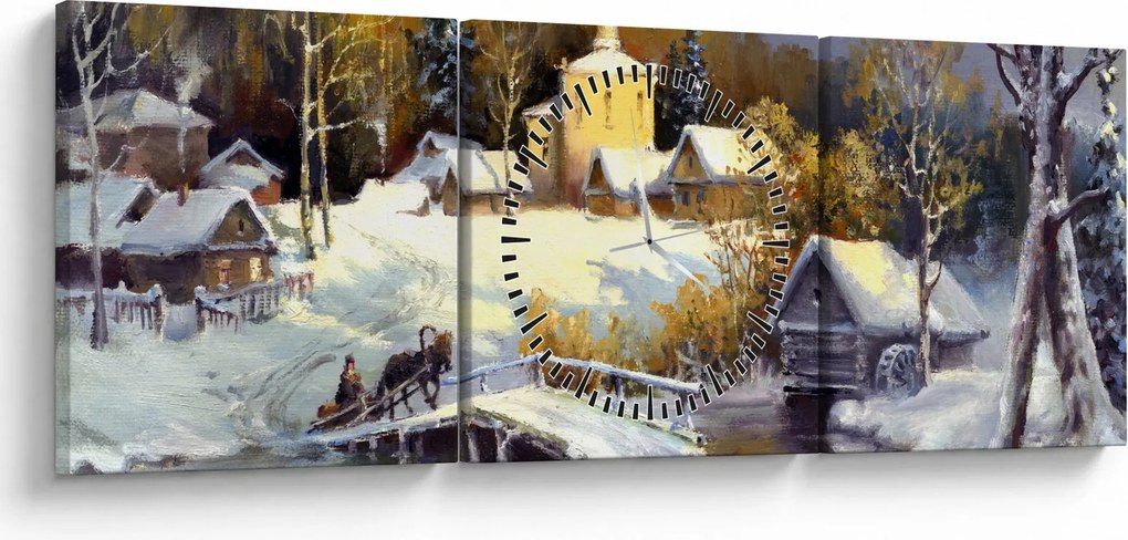 Obraz - Zimné mestečko (s hodinami) (90x30 cm)
