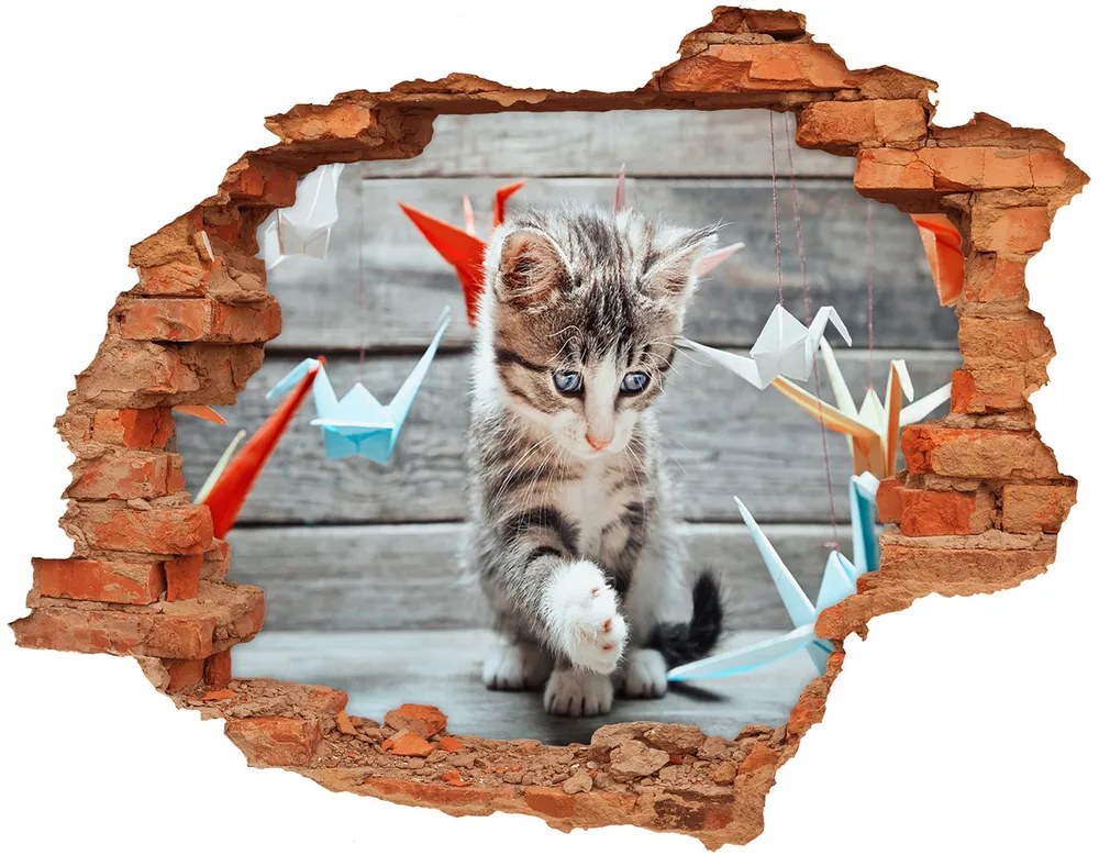 Fototapeta diera na stenu 3D Mačka s papierovými vtákmi nd-c-66724934