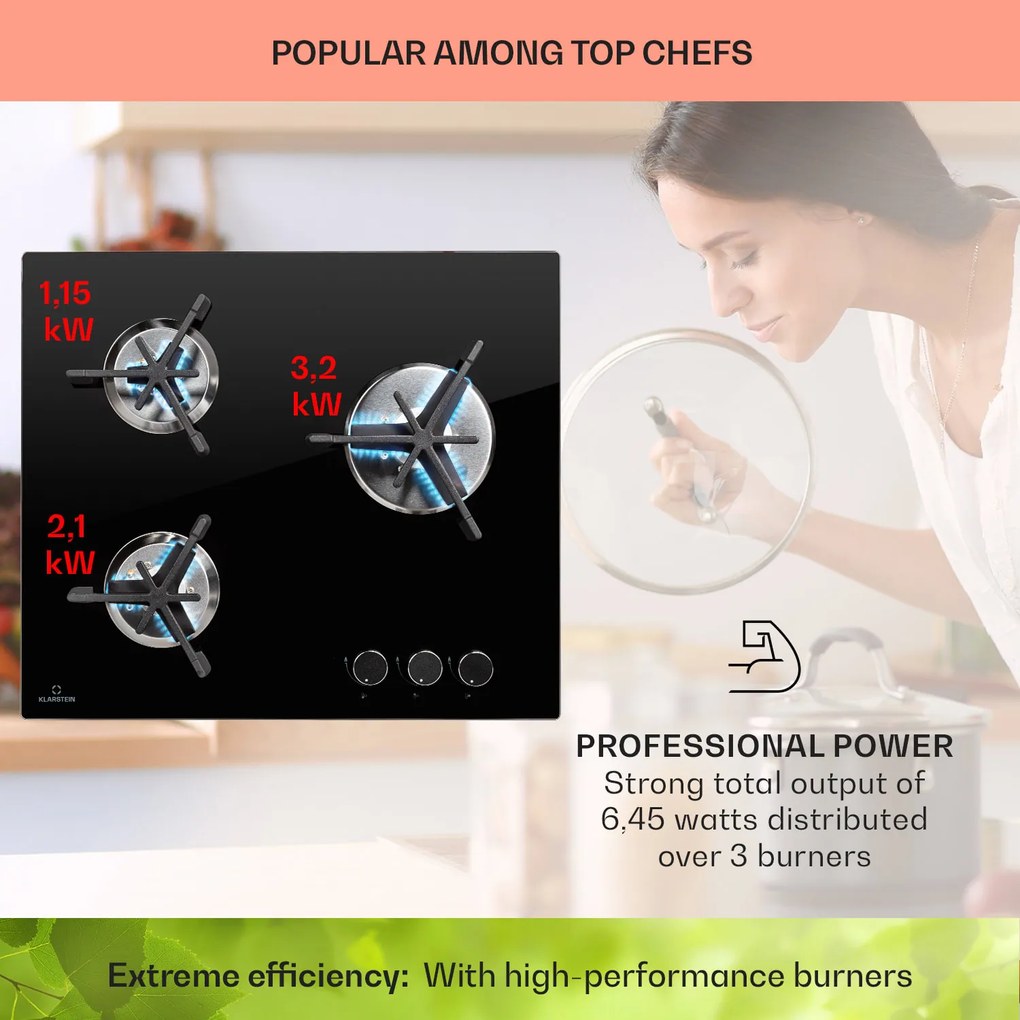 Klarstein Trifecta 3, plynová varná doska, 3 horáky, veľký, normálny a pomocný horák, sklokeramika