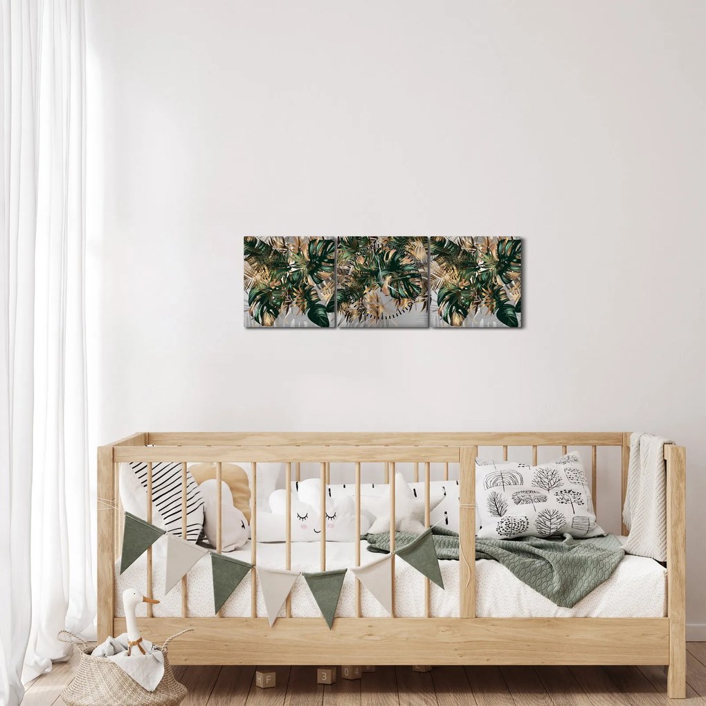 Obraz - Zlato-zelené tropické listy (s hodinami) (90x30 cm)