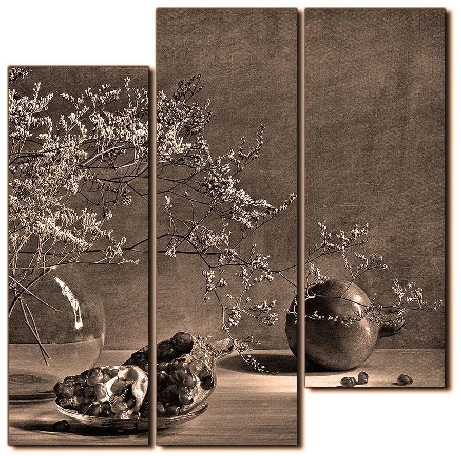 Obraz na plátne - Zátišie - vetva a granátové jablko - štvorec 3274FD (75x75 cm)