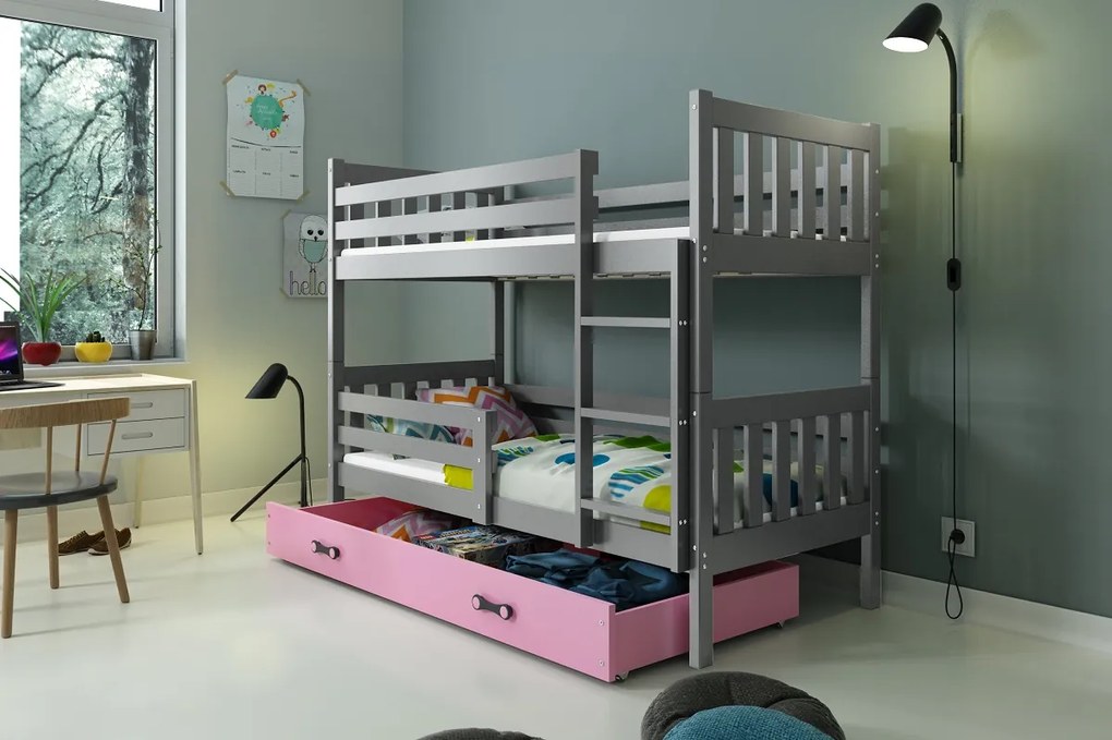 Poschodová posteľ CARINO - 190x80cm - Grafitová - Ružová