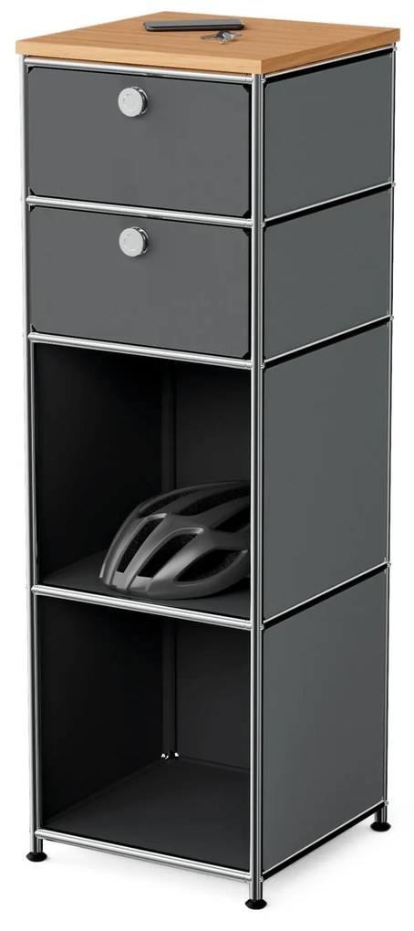 Úzka kovová komoda »CN3« s drevenou doskou a 2 zásuvkami, sivá