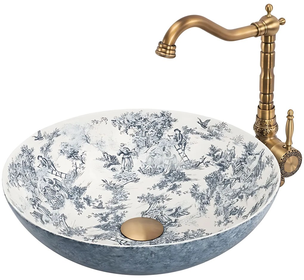 Rea Juliana, umývadlo na dosku 400x400x115 mm, biela-modrá so vzorom, REA-U3608