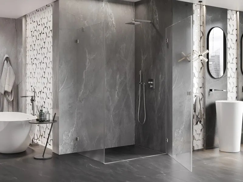 Mexen Lunar-B pravostranný výklopný sprchový kút 90 x 80 cm, číre sklo, brúsená oceľ, 832-090-080-97-00-P
