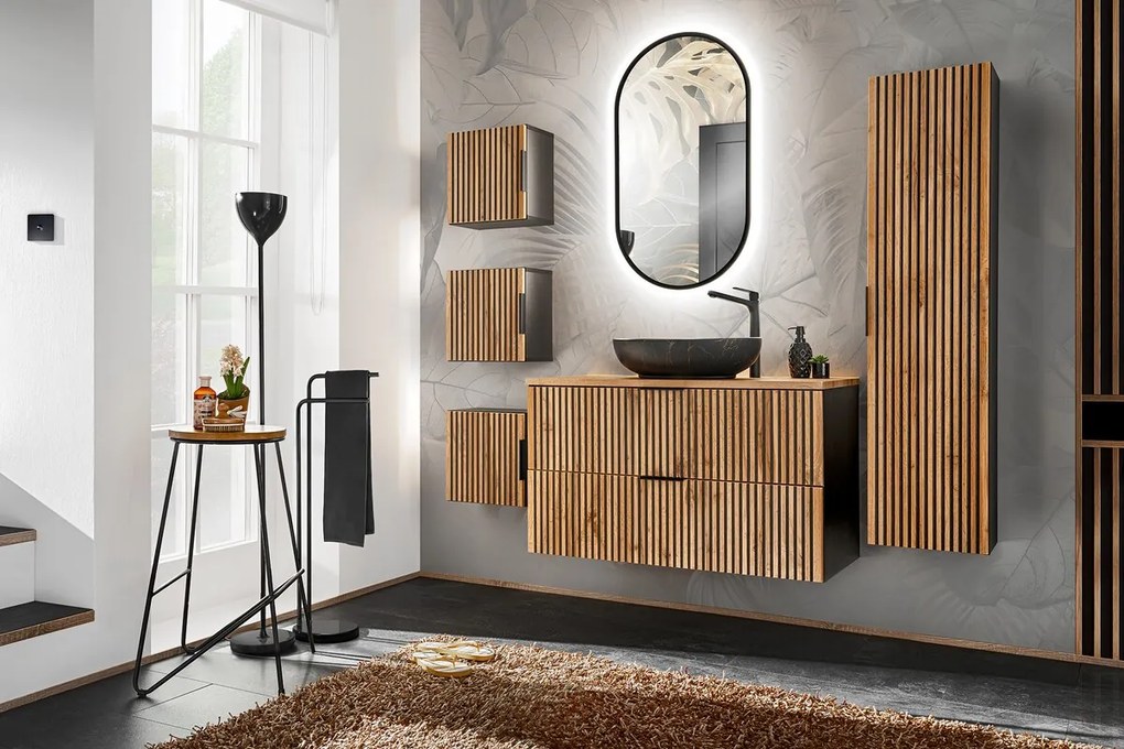 Závěsná skříňka Casad se zápustným umyvadlem a sifonem 80 cm dub wotan/černá