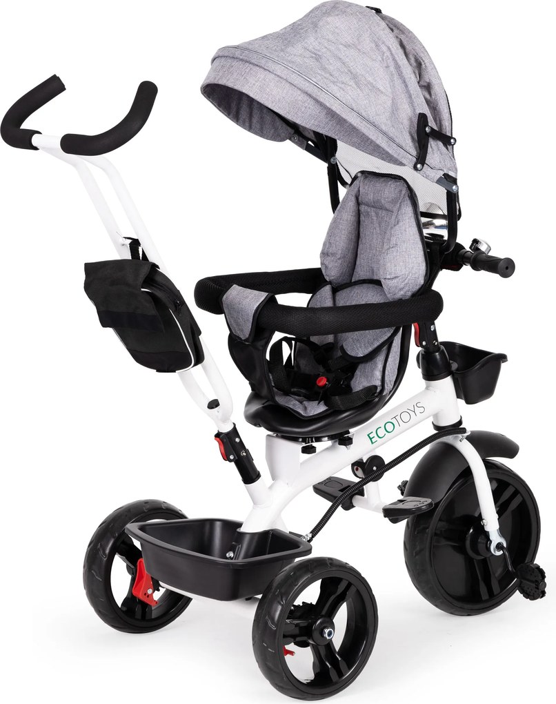 ECOTOYS otočná trojkolka 360° s strieškou, 5-bodovými pásmi, EVA kolesá, šedá